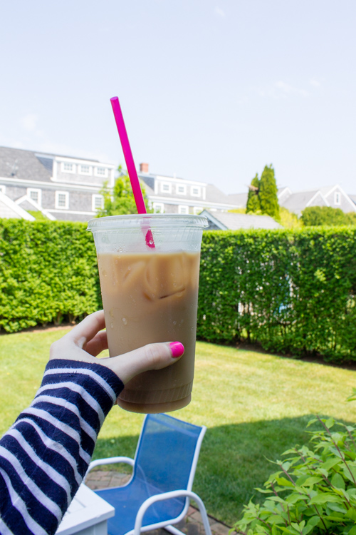 A coffee from Espresso To Go in a Naushop backyard on Nantucket featured on Design Darling