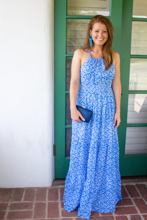 turquoise tassel earrings with roberta roller rabbit maxi dress and navy straw clutch