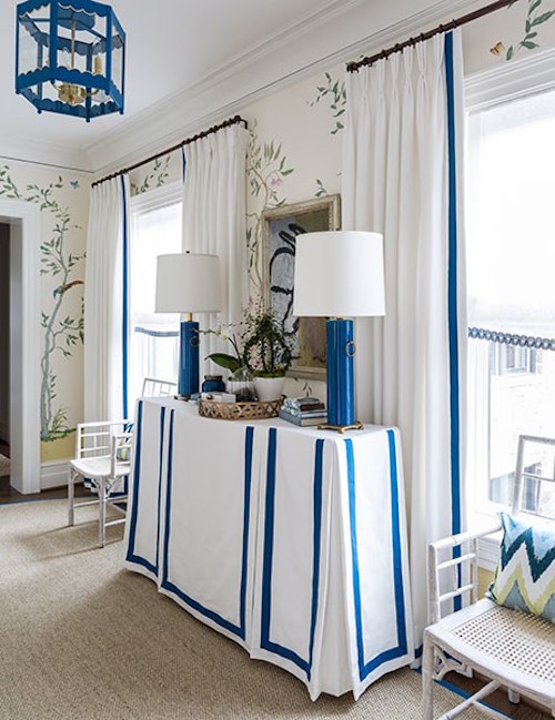 White Curtains With Blue Trim Skirted Table Design Darling