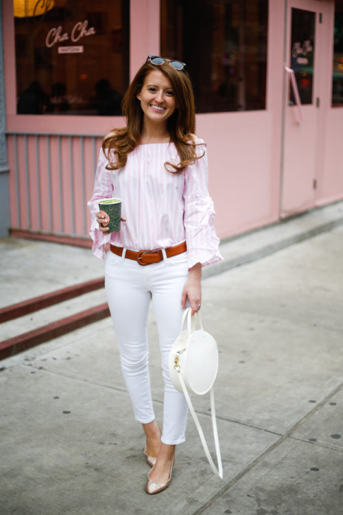mango pink and white stripe off the shoulder top at cha cha matcha on design darling