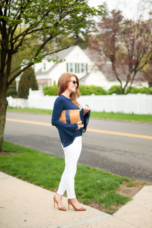 milly cutout flare sleeve pullover and clare v flat clutch with navy stripe