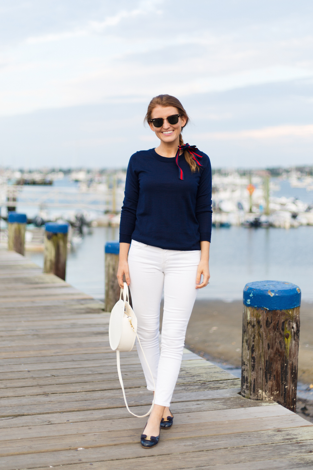 J Crew Tippi Sweater In Navy With Ferragamo Varina Flats In Navy