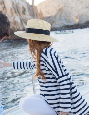 brixton joanna hat and tuckernuck toss designs capri swing sweatshirt in navy and white stripe