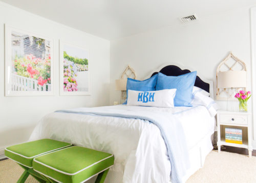 nantucket art prints and monogrammed pillow in design darling guest bedroom
