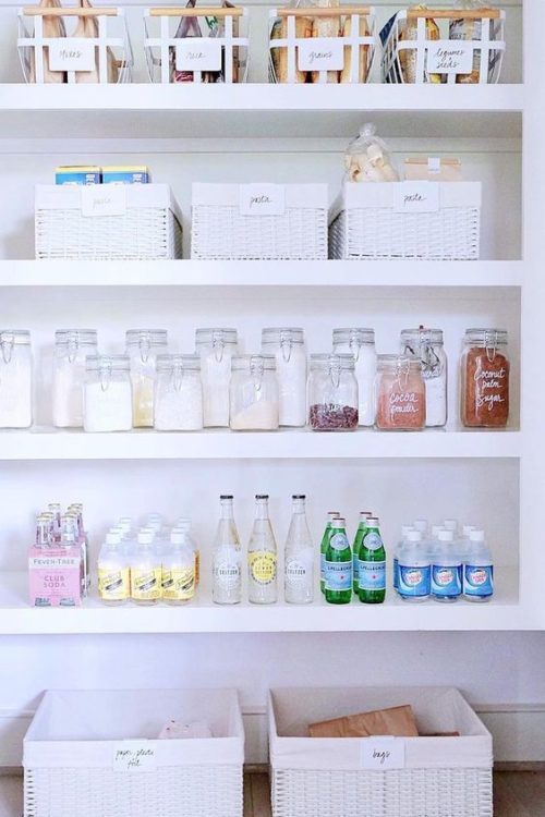 pantry organization with white baskets