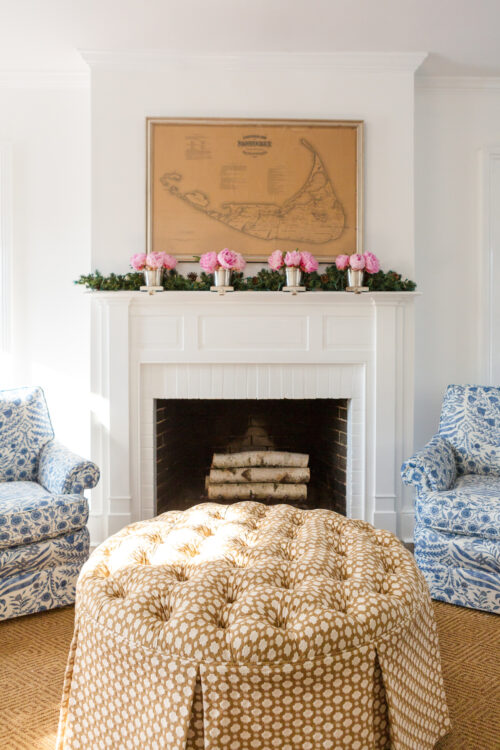 design darling living room fireplace at christmas peonies on mantel