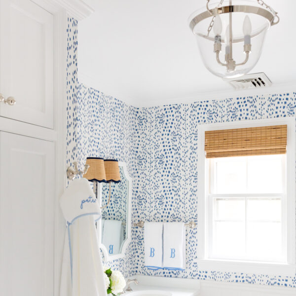 visual comfort country bell semi-flush lantern and brunschwig & fils les touches wallpaper in bathroom