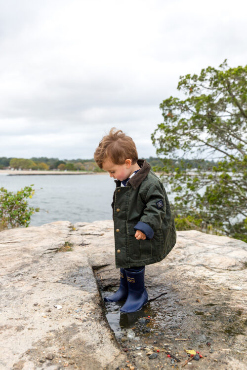 joules moorwell waxed jacket for little boys and navy rain boots