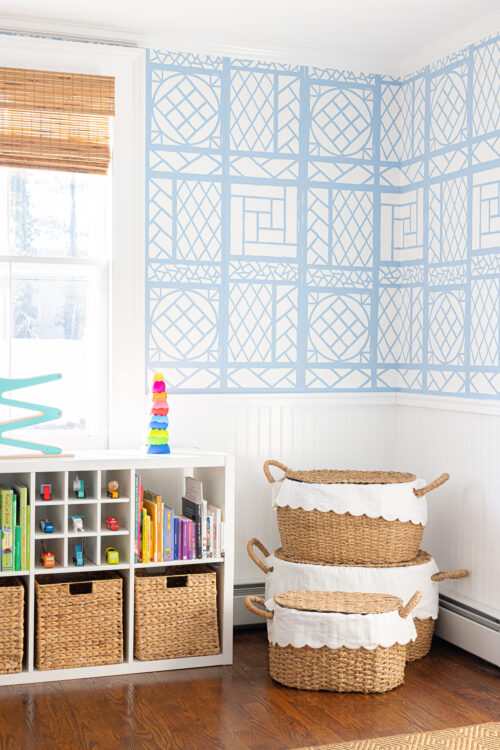ballard designs bunny williams nesting baskets with scalloped liner in playroom