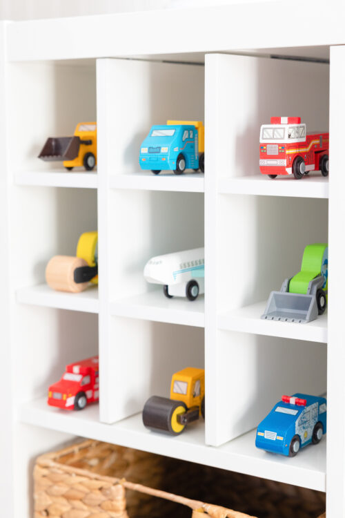ikea hack kallax bottle insert for organizing toy cars in design darling playroom