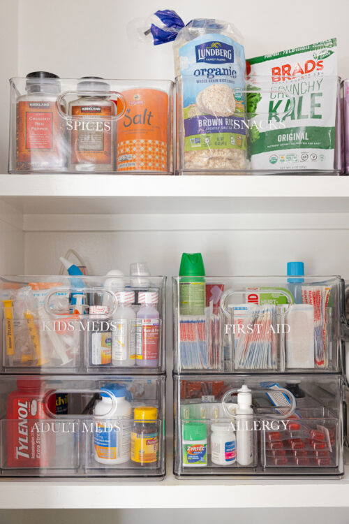 first aid kit bins in pantry
