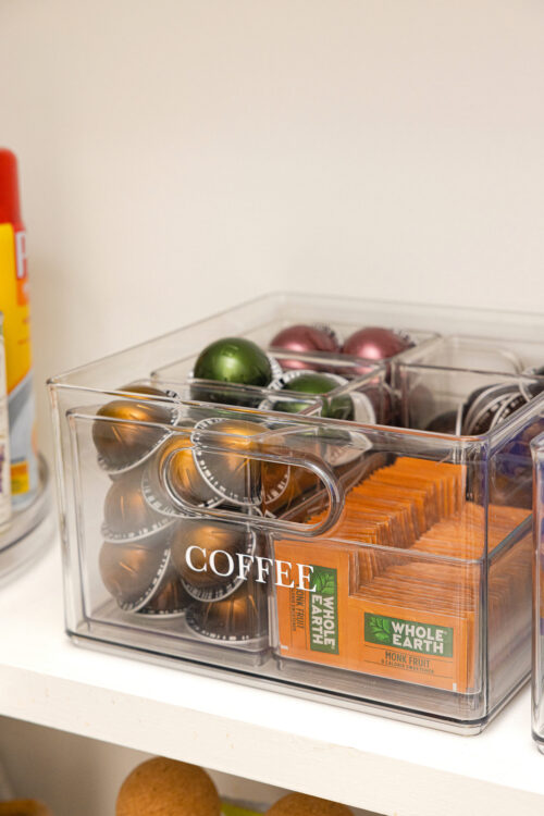 the home edit all-purpose bin for organizing coffee in pantry