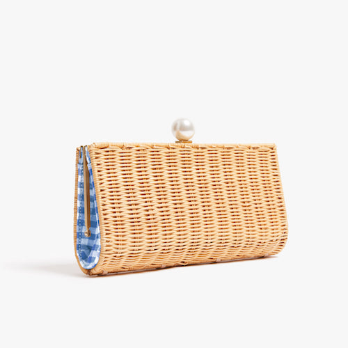 wicker bags for spring and summer | Pamela Munson pearl cornflower blue gingham clutch