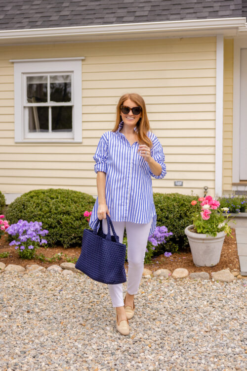 alex mill double-button shirt in bold stripe and naghedi st. barths medium tote in ink blue navy
