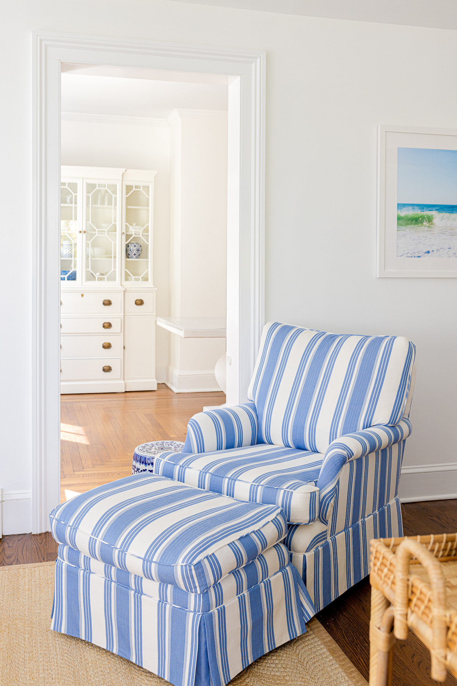 brunschwig & fils colmar stripe blue upholstered chair and ottoman | Reupholstering the Chair in Our Family Room