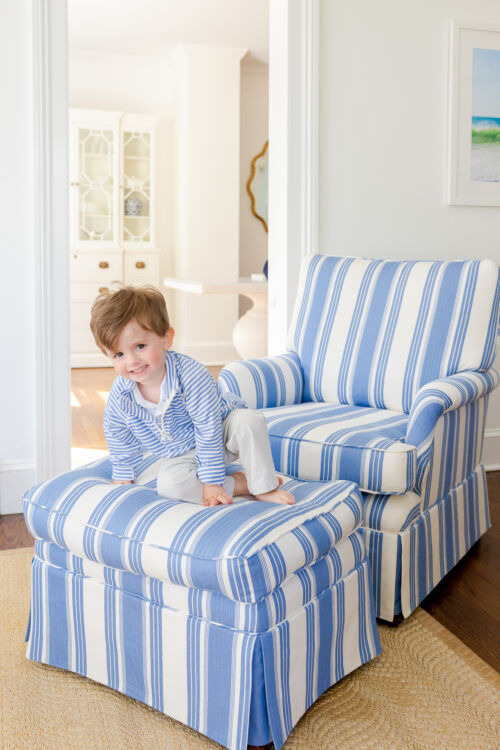 reupholstering armchair and ottoman in brunschwig & fils colmar stripe french blue fabric