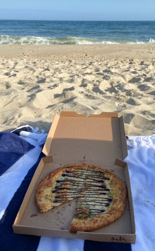 Pizza takeout at Nantucket beach