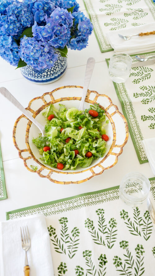 bamboo melamine serving bowl and green floral placemats brooke & lou