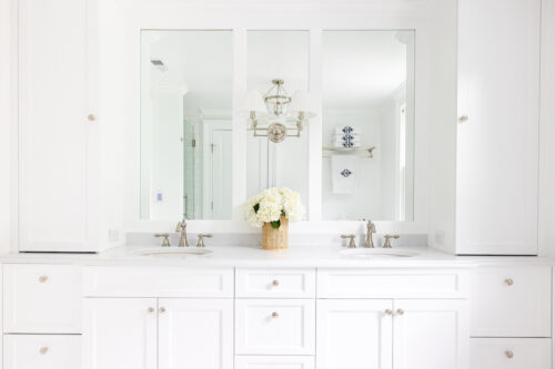 double vanity with storage towers and framed mirrors | Our Primary Bathroom Reveal